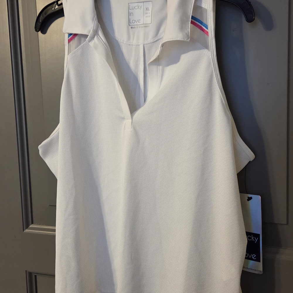 Lucky in Love Women's White Sleeveless Blouse with Pink and Blue Accents